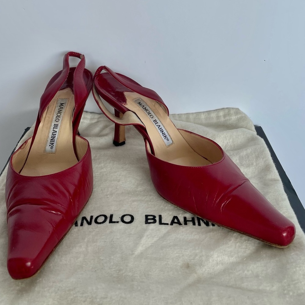Red Manolo Blahnik Classic Point-Toe Sling-Backs